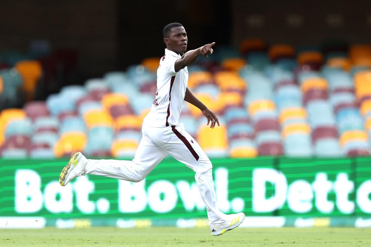 Shamar Joseph dismisses Josh Hazlewood of Australia, sealing a win for the West Indies. 