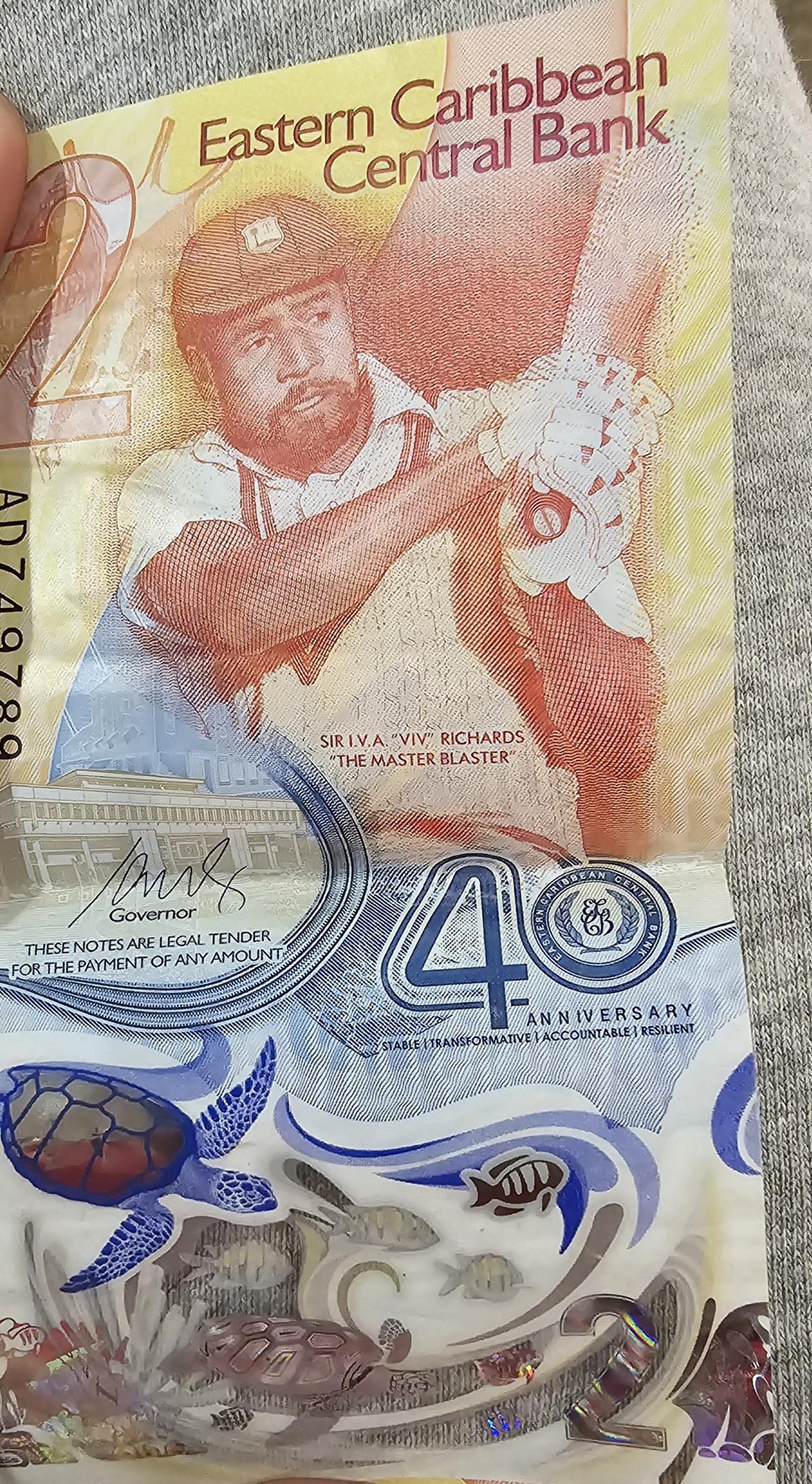 This 2$ commemorative currency was launched in Antigua, Sir Viv Richards’ birthplace, during a ceremony marking the 40th anniversary of the Eastern Caribbean Central Bank.