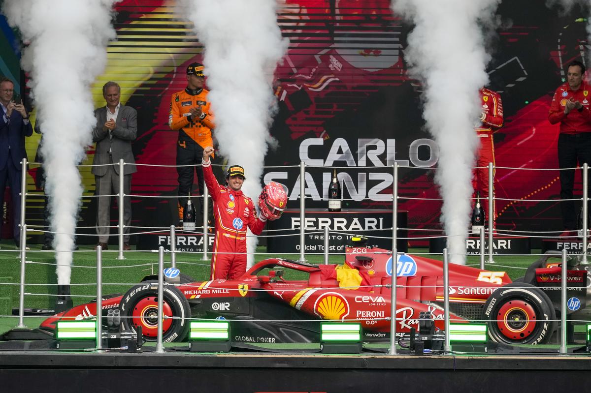 Sainz ascended with his winning car and took to the top step in what could be his final yet most memorable win for Ferrari.