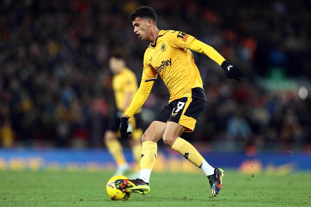 Matheus Nunes of Wolves during the Emirates FA Cup Third Round match between Liverpool and Wolverhampton Wanderers at Anfield on January 07, 2023 in Liverpool, England.