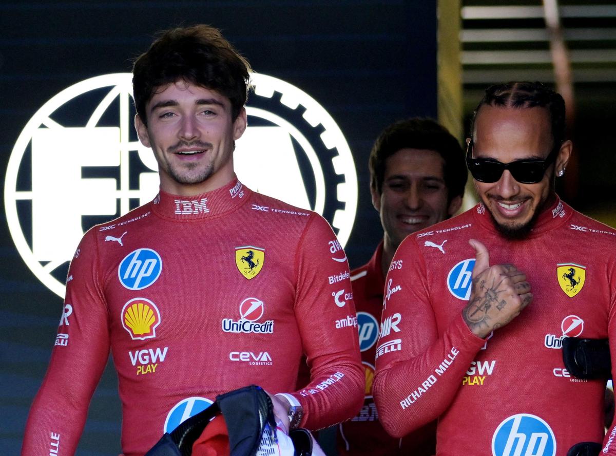 Leclerc and Hamilton share a laugh before the race. With Mercedes opting to go for a one-stop strategy despite pitting its drivers early in the race, Ferrari’s only bet was to hope its rival’s tyres would fall off a cliff towards the end of the race.