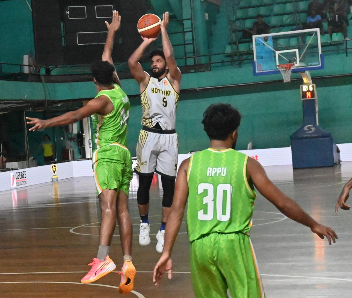 Kottayam’s Noyal Jose attempts a basket against Pathanamthitta in the Kerala State senior basketball championship in Kochi on Tuesday. 