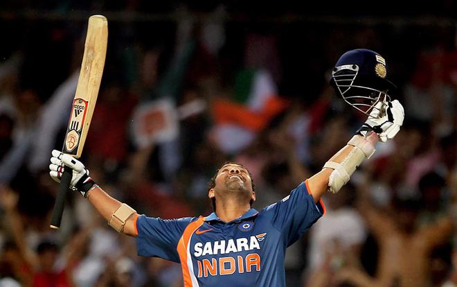 In this February 24, 2010 file photo, Sachin Tendulkar celebrates a double century against South Africa in Gwalior.