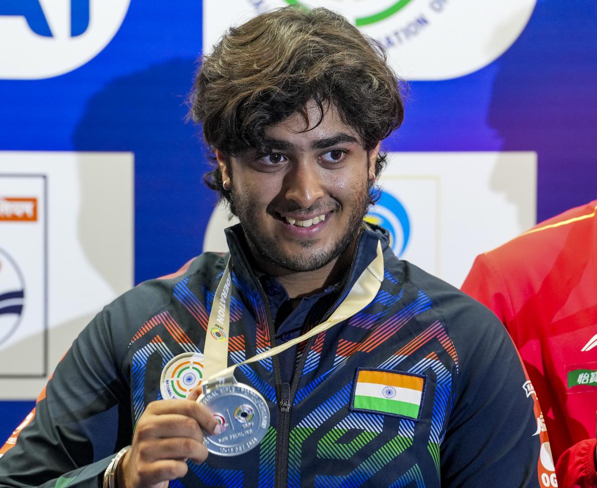 Silver lining: India’s Vivaan Kapoor celebrates after winning silver in the men’s Trap final at the ISSF World Cup Final in New Delhi.