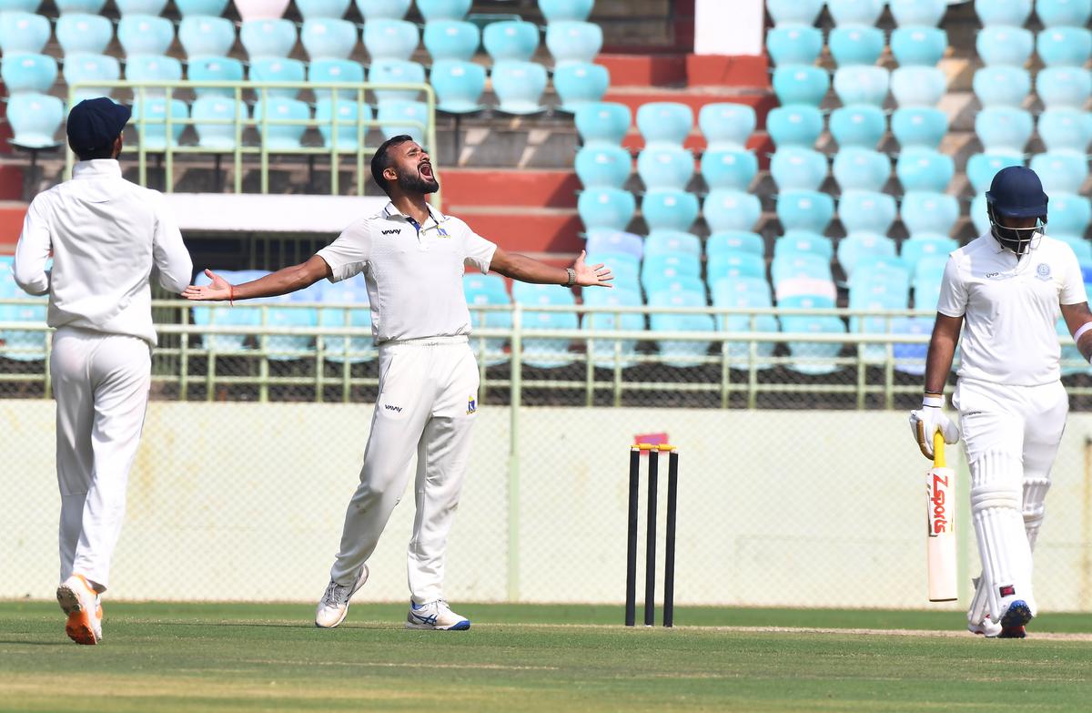 Bengal’s Akash Deep successfully appeals in Ranji Trophy match against Andhra at ACA - VDCA cricket grounds in Visakhapatnam on Sunday.