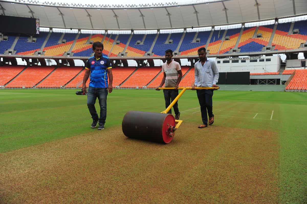 Pitch work at Narendra Modi Stadium.