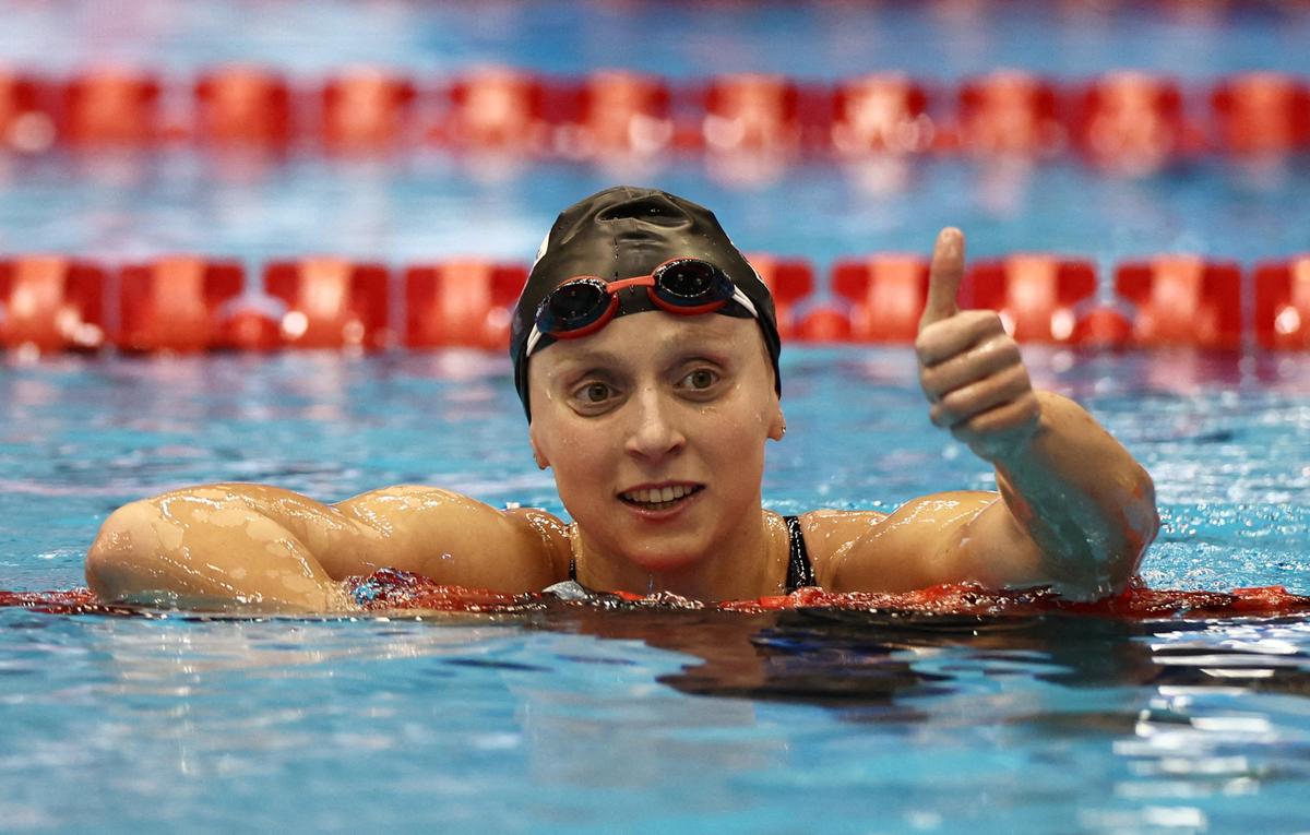 FILE PHOTO: Katie Ledecky of the U.S. celebrates after winning the women’s 800m freestyle final at the World Aquatics Championships in Fukuoka.