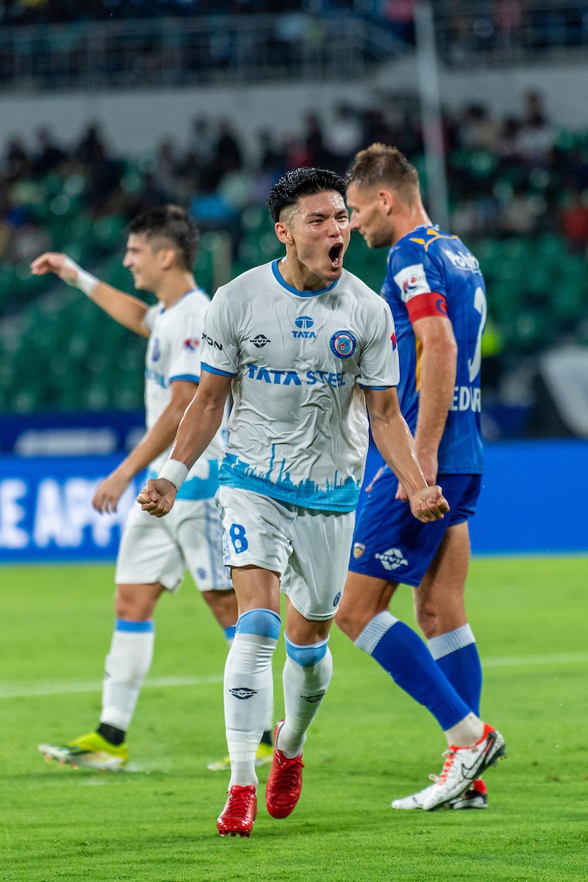 Tachikawa celebrates scoring the opening goal for Jamshedpur FC against Chennaiyin FC at Jawaharlal Nehru Stadium.