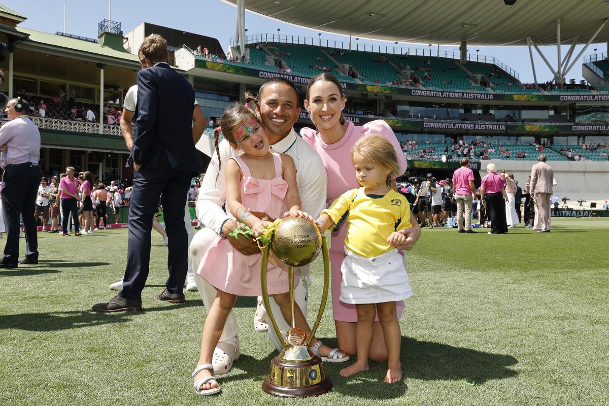 Usman Khawaja of Australia poses with his family after day three of the Fifth Men’s Test Match in the series between Australia and India at Sydney Cricket Ground on January 05, 2025 in Sydney.