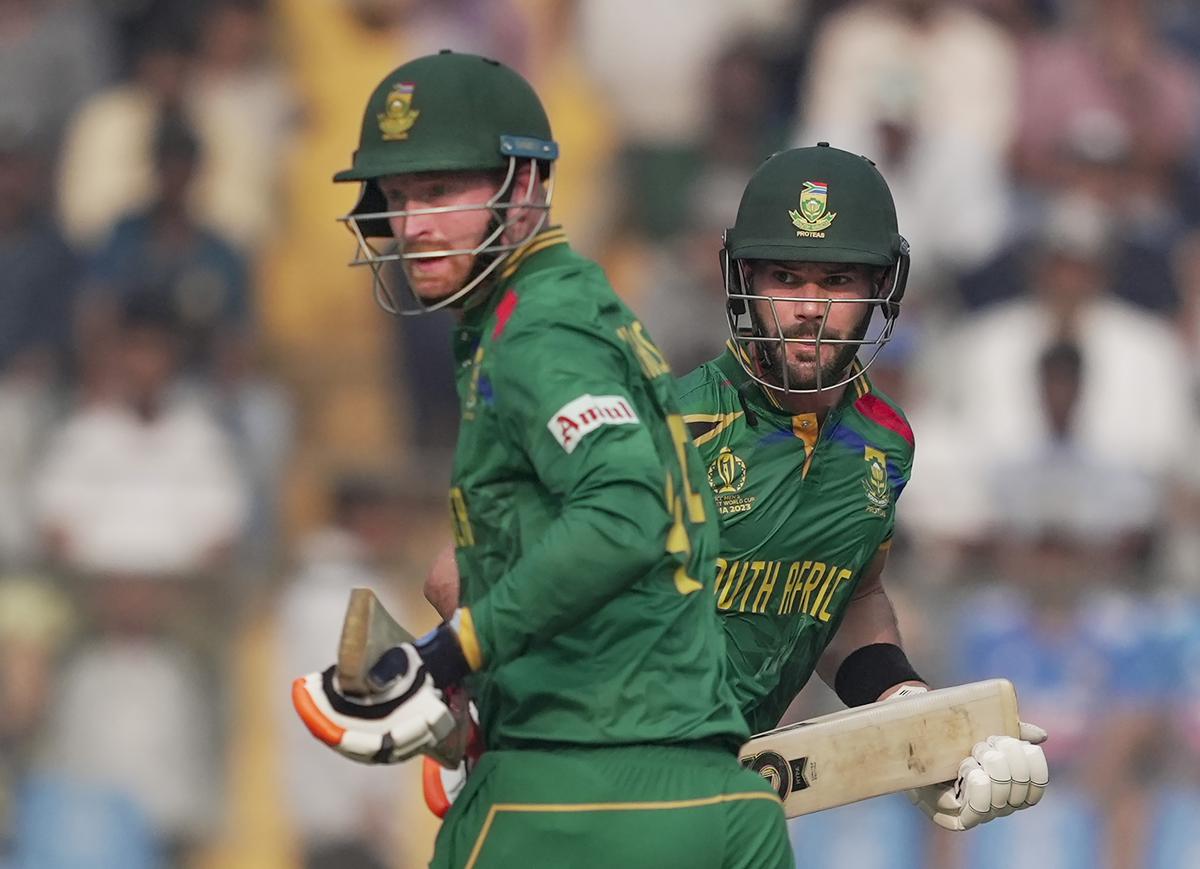 South Africa’s Heinrich Klaasen and Aiden Markram in action against England at Wankhede Stadium, in Mumbai.