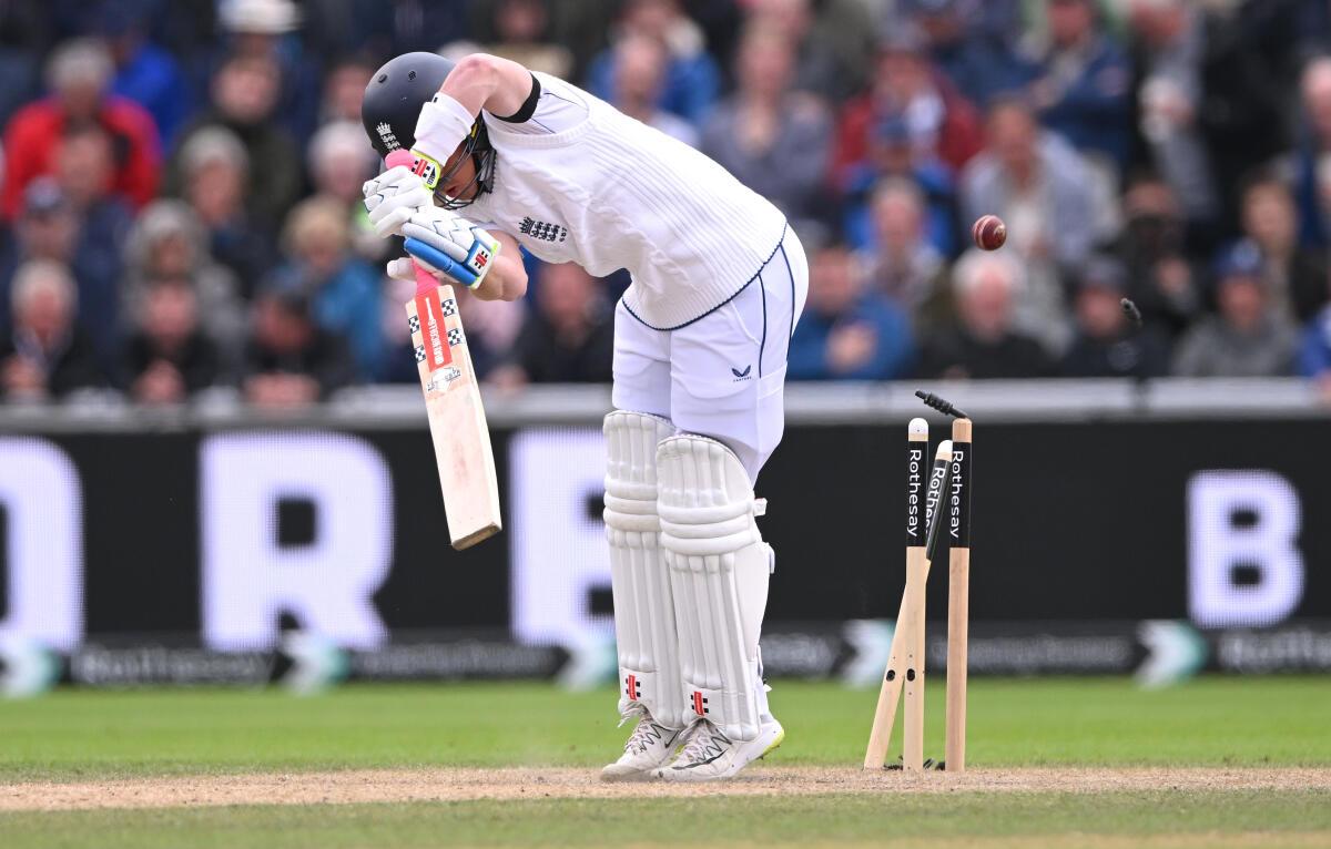 England batter Ollie Pope is bowled by Sri Lanka bowler Asitha Fernando.