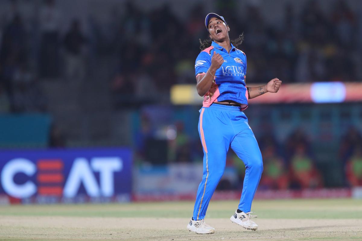 Hayley Matthews of Mumbai Indians celebrates the wicket of Kashvee Gautam of Gujarat Giants during match 5 of the Women’s Premier League 2025 (WPL) between The Gujarat Giants and The Mumbai Indians held at the BCA Stadium, Vadodara, India on the 18th February 2025.