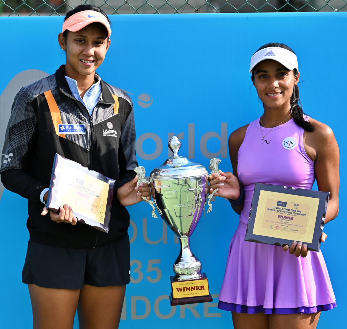 Doubles Champions Shrivalli Bhamidipaty and Vaidehi
Chaudhari in the ITF women’s tennis tournament in Indore on Saturday.