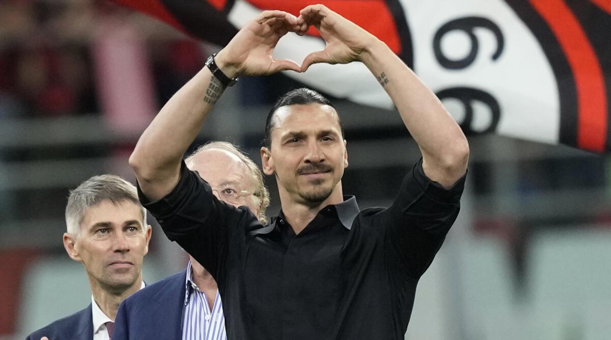 AC Milan’s Zlatan Ibrahimovic reacts after his last game for the club at the end of a Serie A match between AC Milan and Hellas Verona at the San Siro stadium, in Milan, Italy, Sunday, June 4, 2023.