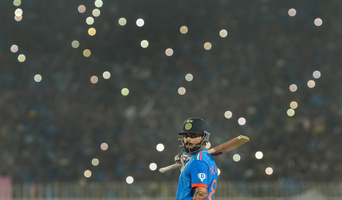 Kohli looks on waiting his century as fans at the Eden Gardens wave their phone’s flashlights during the India vs South Africa match in the ICC Men’s ODI World Cup 2023.