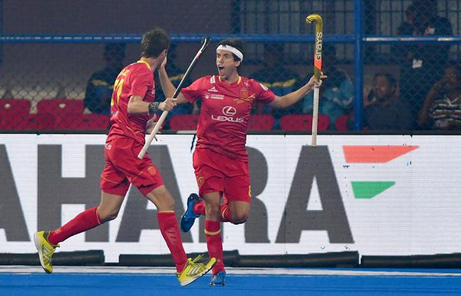 Spain’s Gonzalez Enrique (No.8) reacts after scoring a goal against Argentina in the Men’s Hockey World Cup 2018 at the Kalinga stadium in Bhubaneswar on November 29, 2018. 