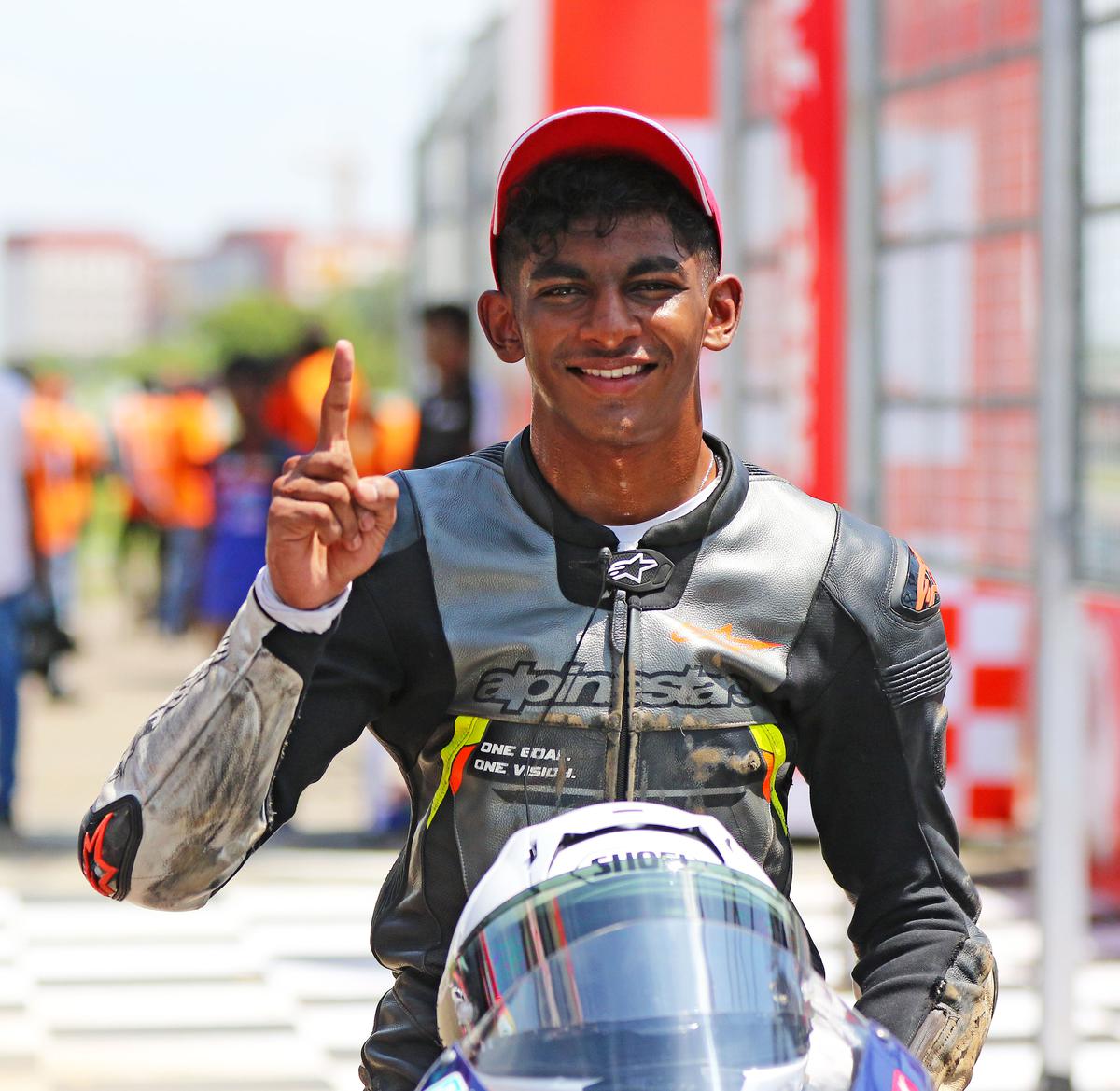 Chiranth Vishwanath, the winner of Race-1 in the Pro-Stock 165cc Open category in INMRC.