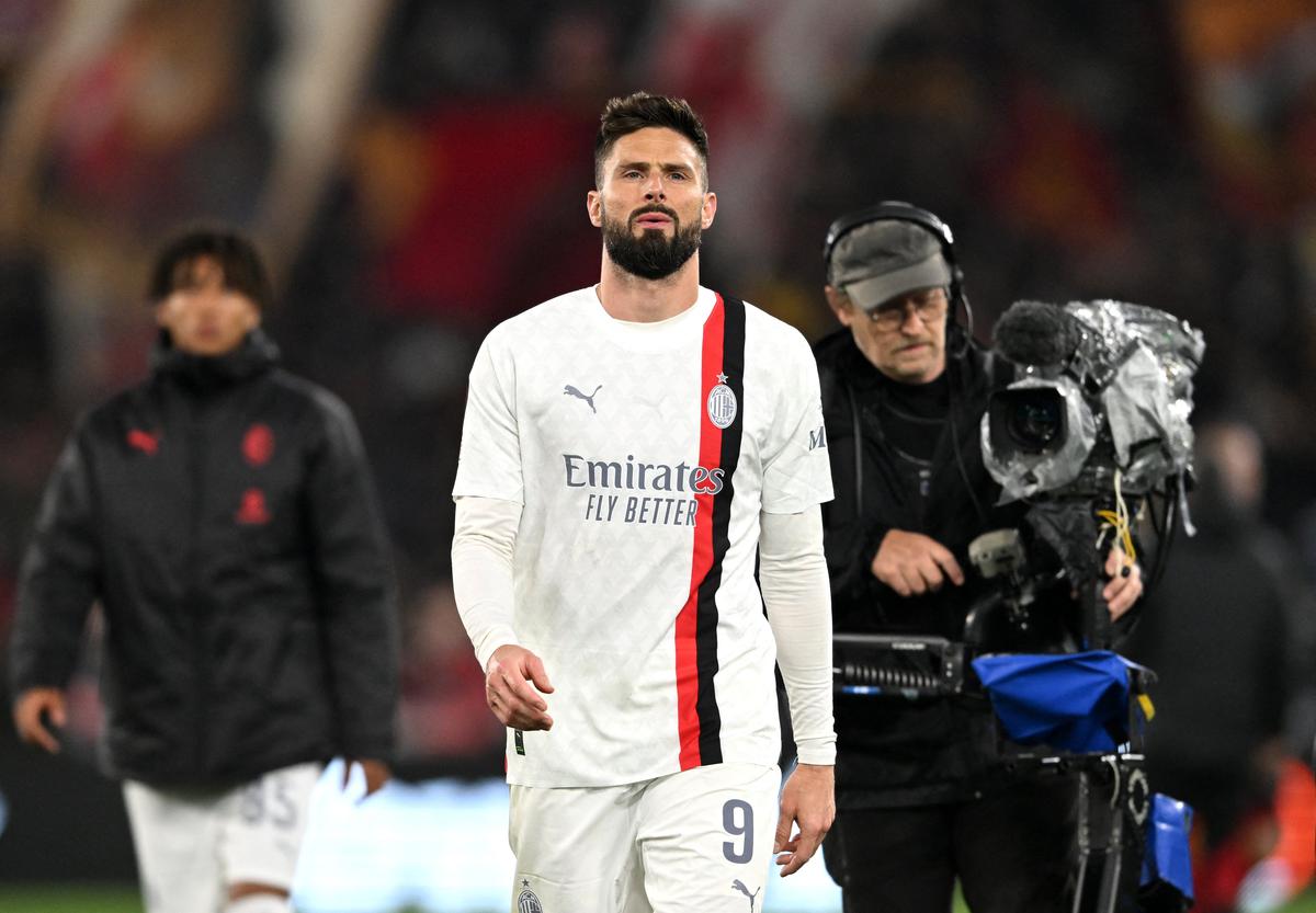 AC Milan’s Olivier Giroud looks dejected after the match.