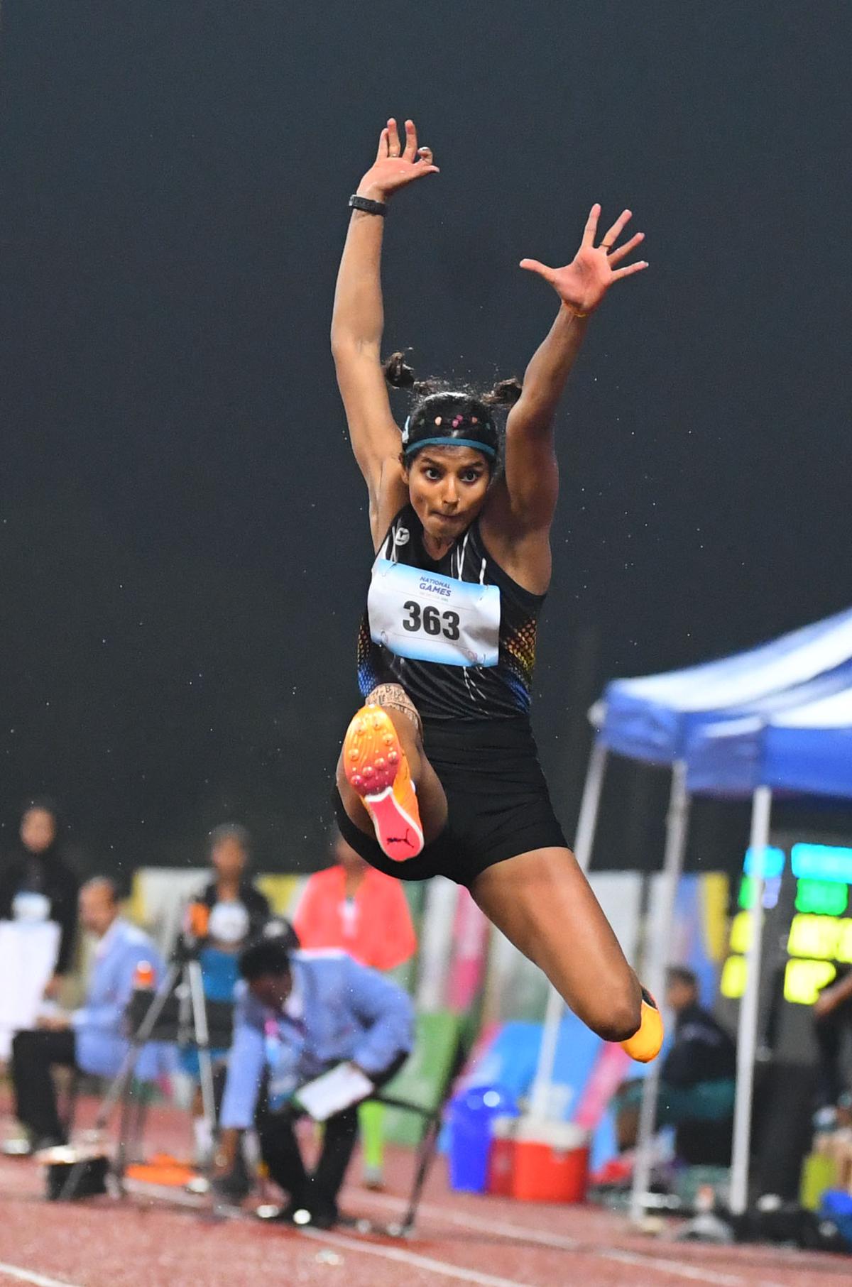 Asian Games silver medallist Ancy Sojan, who won the gold medal at the National Games, in action in Goa.