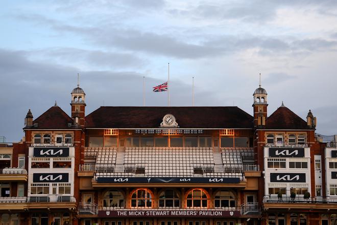 Union Jack is seen at half-mast after it was announced that Queen Elizabeth II had passed away today following Day Three of Tests between Britain and South Africa at The Kia Oval.