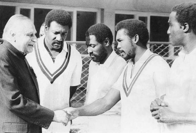 Governor shakes hands with Gordon Greenidge as West Indian skipper Clive Lloyd, Vivian Richards and another look on during first one day international cricket match between India and West Indies at Srinagar. 
(Published in The Sportstar on October 29, 1983)
PHOTO: THE HINDU ARCHIVES