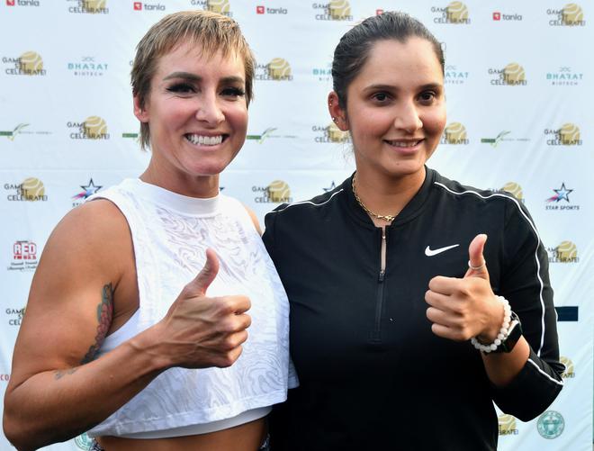 Sania Mirza along with USA’s Bethanie Mattek-Sands at Sania Mirza Tennis Academy, Murthuzuguda on the outskirts of Hyderabad on Saturday.