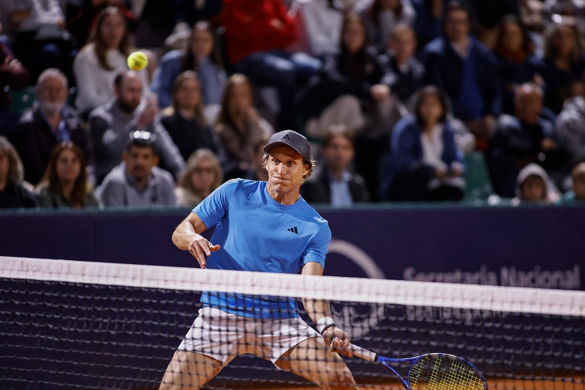 Diego Forlan, the 45-year-old former Uruguayan football player, during his pro tennis debut at the 2024 Uruguay Open at Carrasco Lawn Tennis Club on November 13, 2024 in Montevideo.