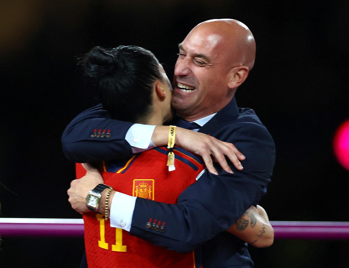 Spain’s Jennifer Hermoso celebrates with President of the Royal Spanish Football Federation Luis Rubiales after the match.