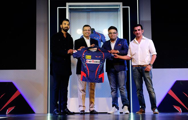 From left to right: Lucknow Super Giants Captain K L Rahul, mentor Gautam Gambhir, BCCI Secretary Jay Shah and LSG owner Sanjiv Goenka during the jersey launch of Lucknow Super Giants in Ahmedabad on Tuesday.