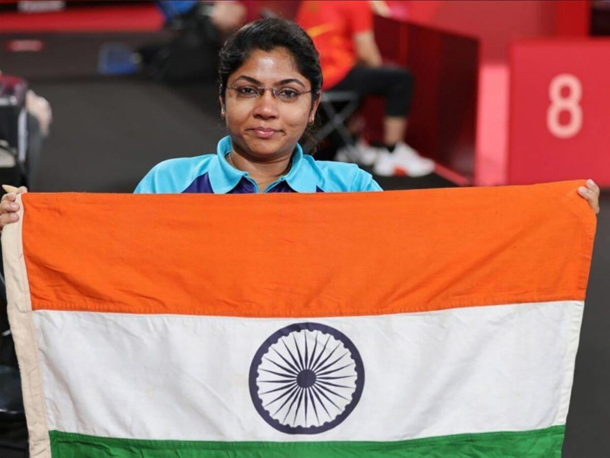 Bhavinaben Patel after winning silver in the table tennis singles Class 4  event at the Tokyo Paralympics. 