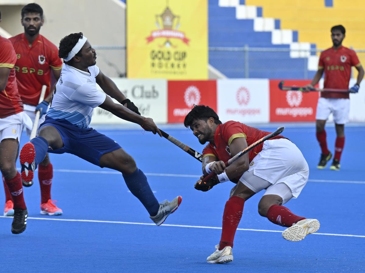 Joginder Singh of Raiways Sports Promotion Board scores a goal against Hockey Association of Odisha during the 95th All India MCC Murugappa Gold Cup Hockey Tournament semifinals.