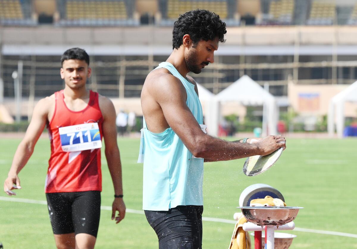Tejaswin Shankar during the discus throw decathlon event.