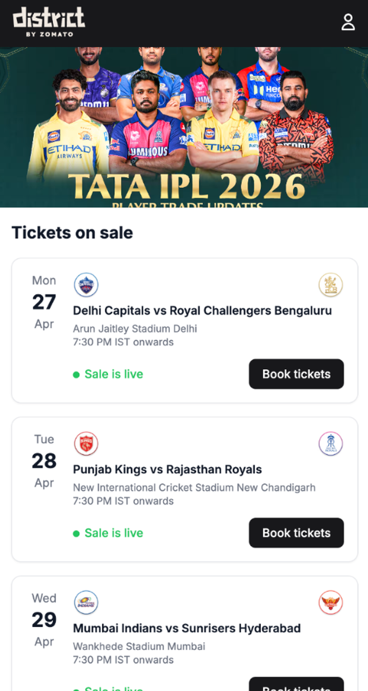 Screengrab of a fake District page selling IPL match tickets.