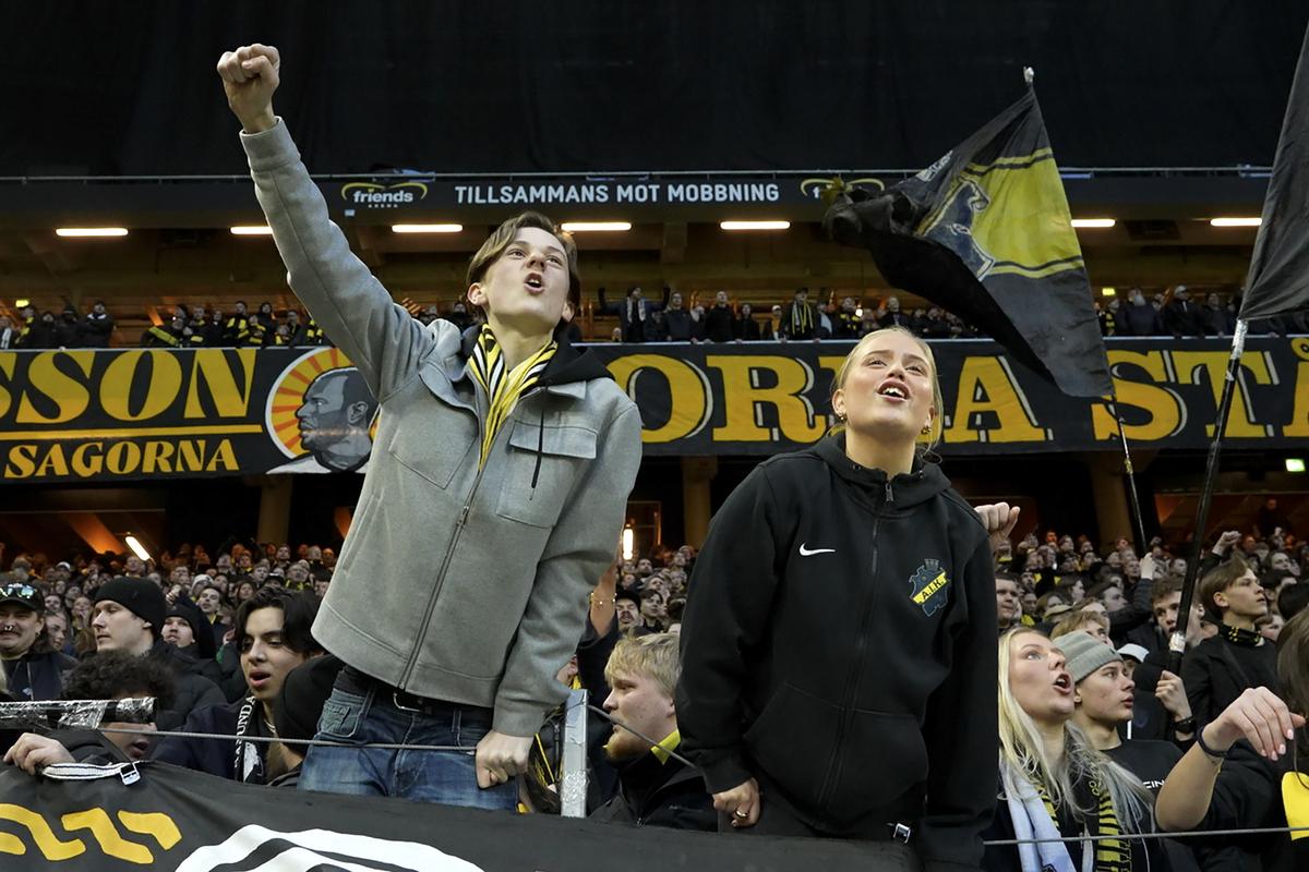 Image taken from video shows AIK fans celebrating after their team scored the first goal during the AIK against Värnamo Allsvenskan football match at the Friends Arena in Stockholm in Stockholm on April 24, 2024