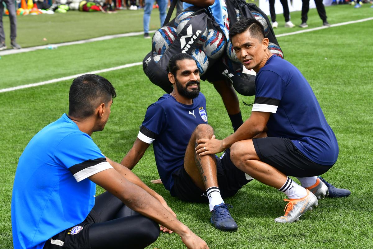 Sunil Chhetri, Sandesh Jhingan, and Gurpreet Singh Sandhu, during a training session for Bengaluru FC in the ISL 2022-23 season.