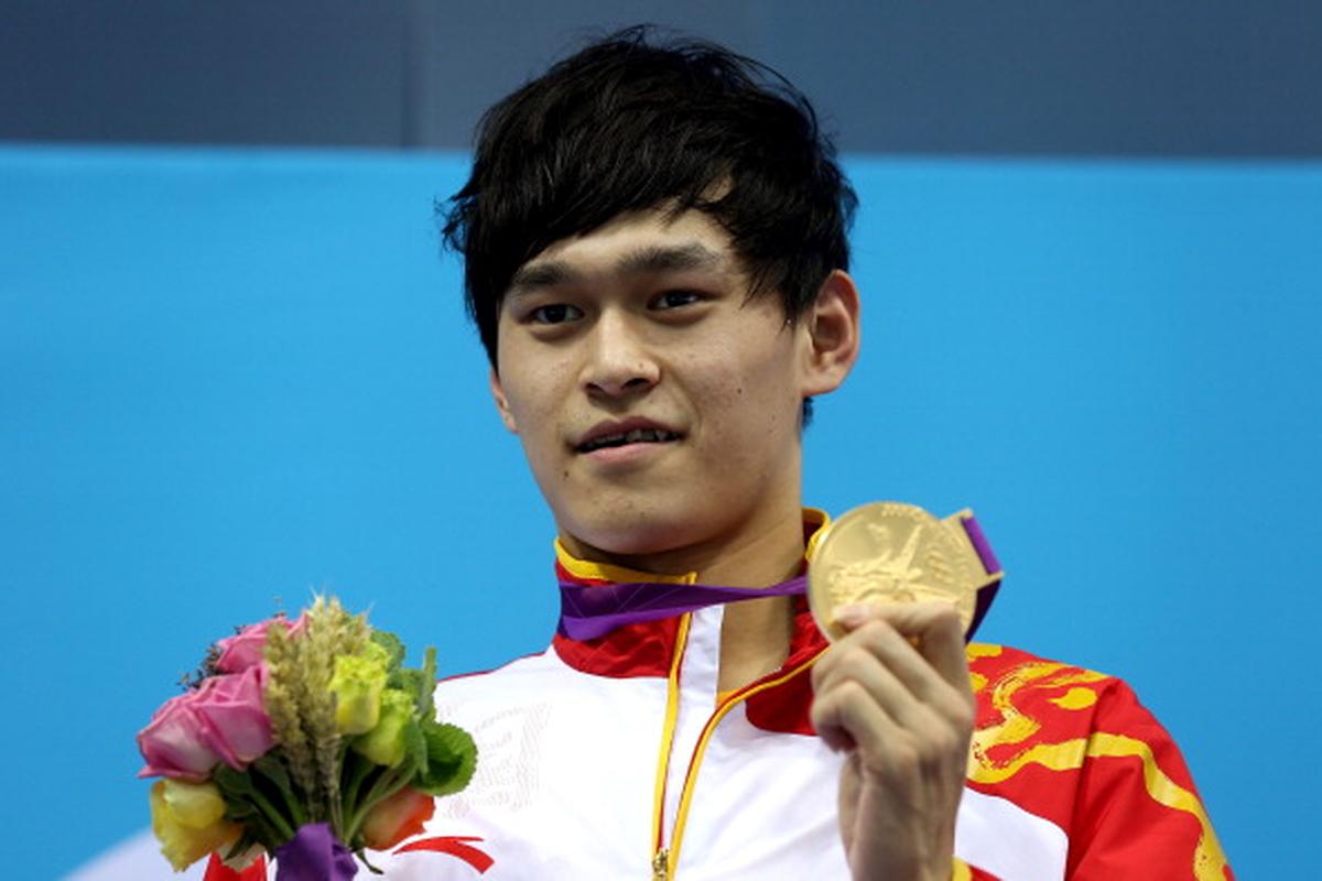 China’s Sun Yang, gold medallist, on the podium after the Men’s 1500m Freestyle Final at the Olympic Games in London.