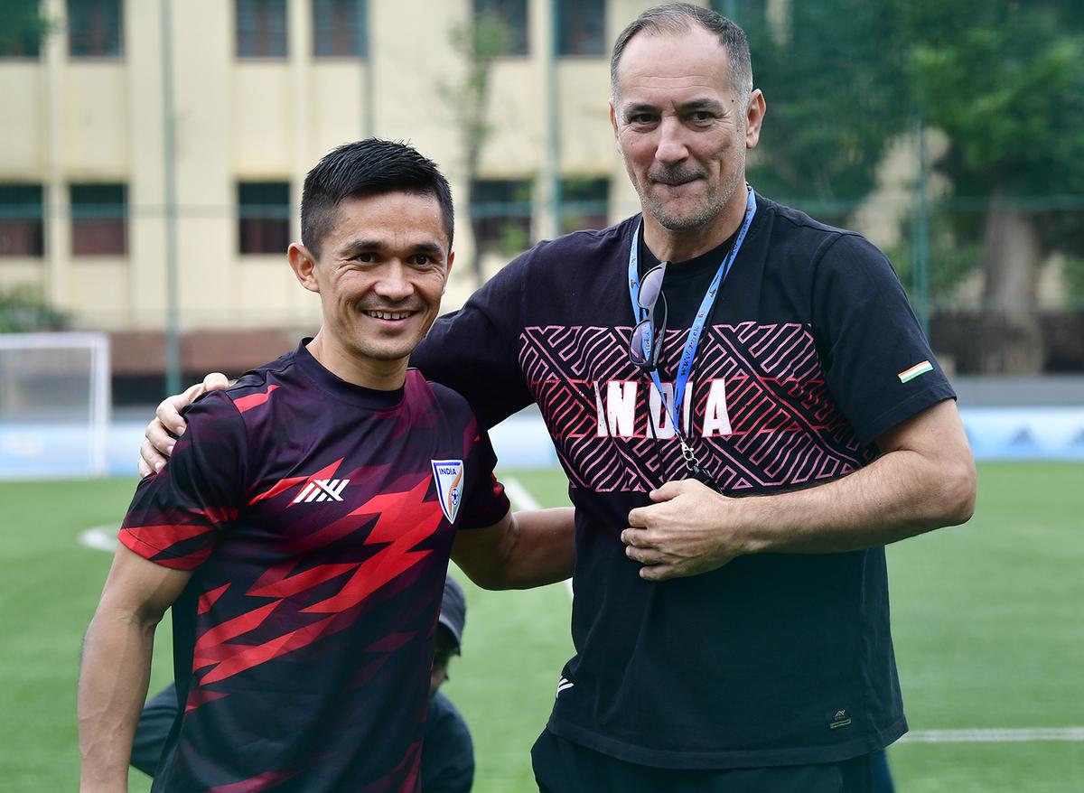 Stimac and Sunil Chhetri, during the training session ahead of SAFF Championship 2023 football match between Nepal and India, in Bengaluru on June 23, 2023.