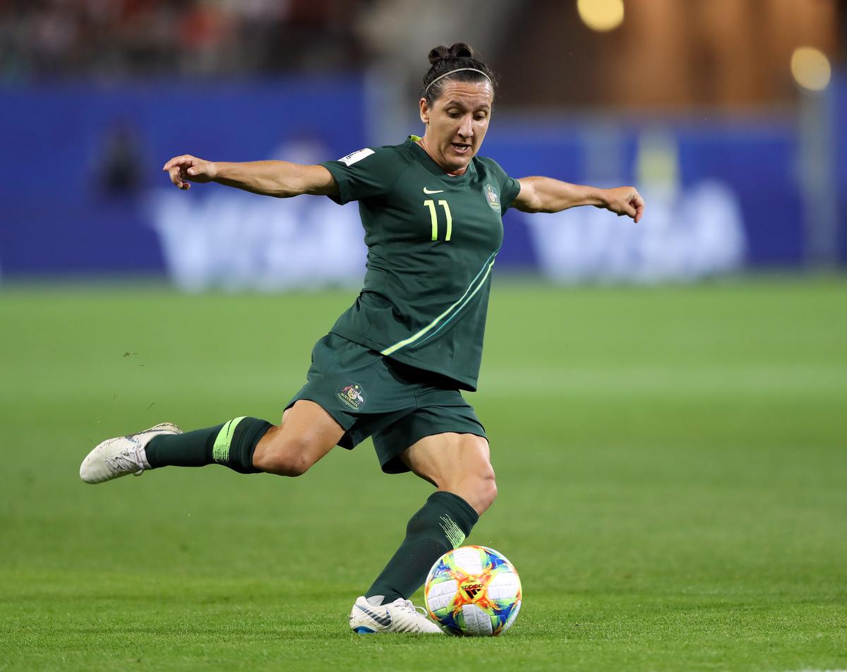 Lisa De Vanna of Australia passes the ball during the 2019 FIFA Women’s World Cup France group C match between Jamaica and Australia at Stade des Alpes.