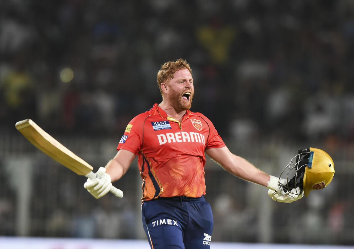 Punjab Kings’ Jonny Bairstow celebrates after winning the Indian Premier League match against Kolkata Knight Riders.