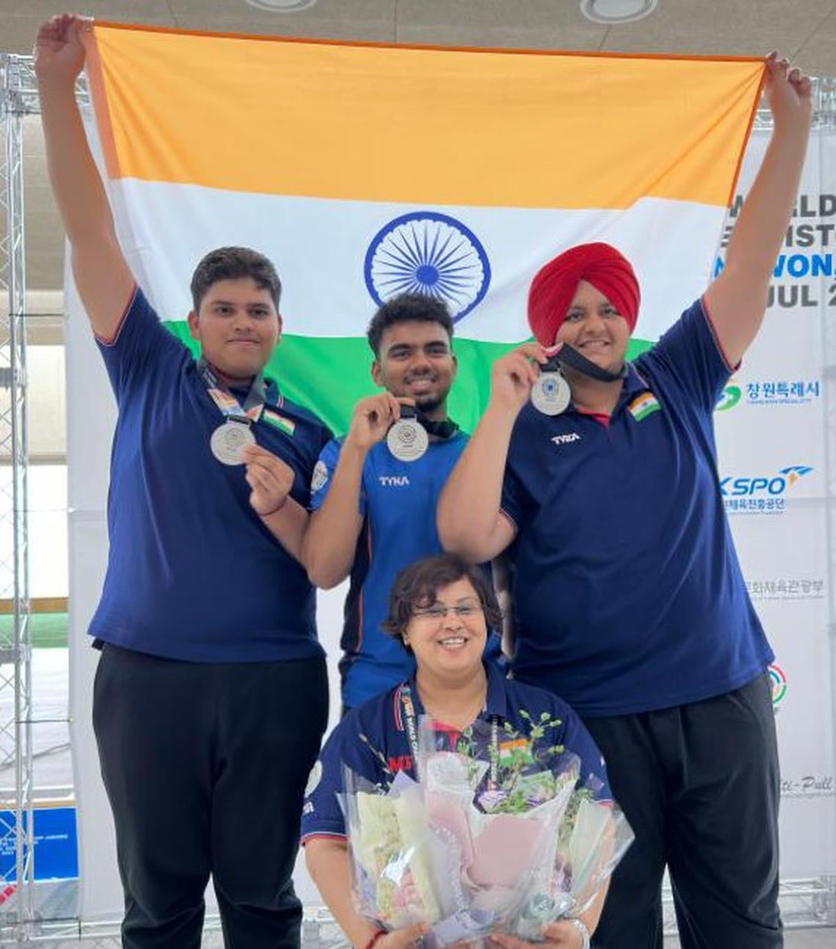 Sameer Ghulia, Mahesh Pasupathy and Rajkanwar Singh Sandhu with the team silver in rapid fire pistol in the Junior World Championship.