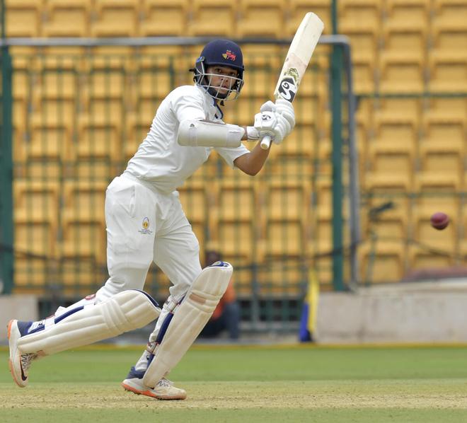 Mumbai’s Yashasvi Jaiswal plays a shot during the Ranji Trophy 2022 final match between Mumbai and Madhya Pradesh at M Chinnaswamy Stadium in Bengaluru.