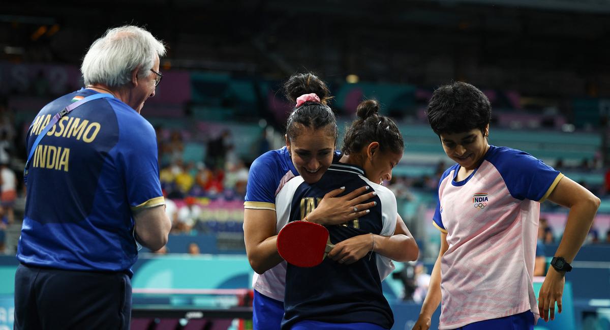 Table Tennis players Sreeja Akula and Manika Batra (centre, hugging) made it to the new list while A Sharath Kamal and G. Sathiyan were excluded.