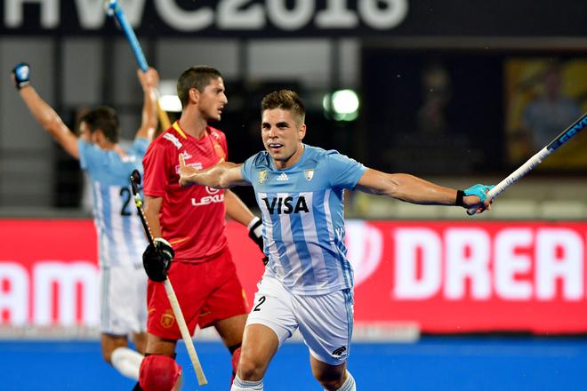 Argentina’s Peillat Gonzalo (No.2) celebrates after scoring a goal against Spain in the Men’s Hockey World Cup 2018. 