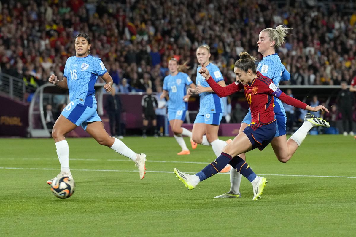 Spain’s Olga Carmona scores her side’s opening goal in the final. 