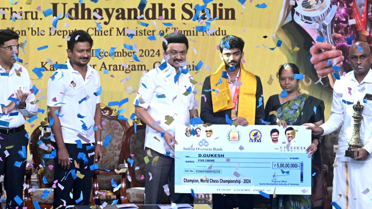 World chess champion Gukesh honoured by the TN CM Stalin, receives INR 5 CR cash reward after grand procession in Chennai