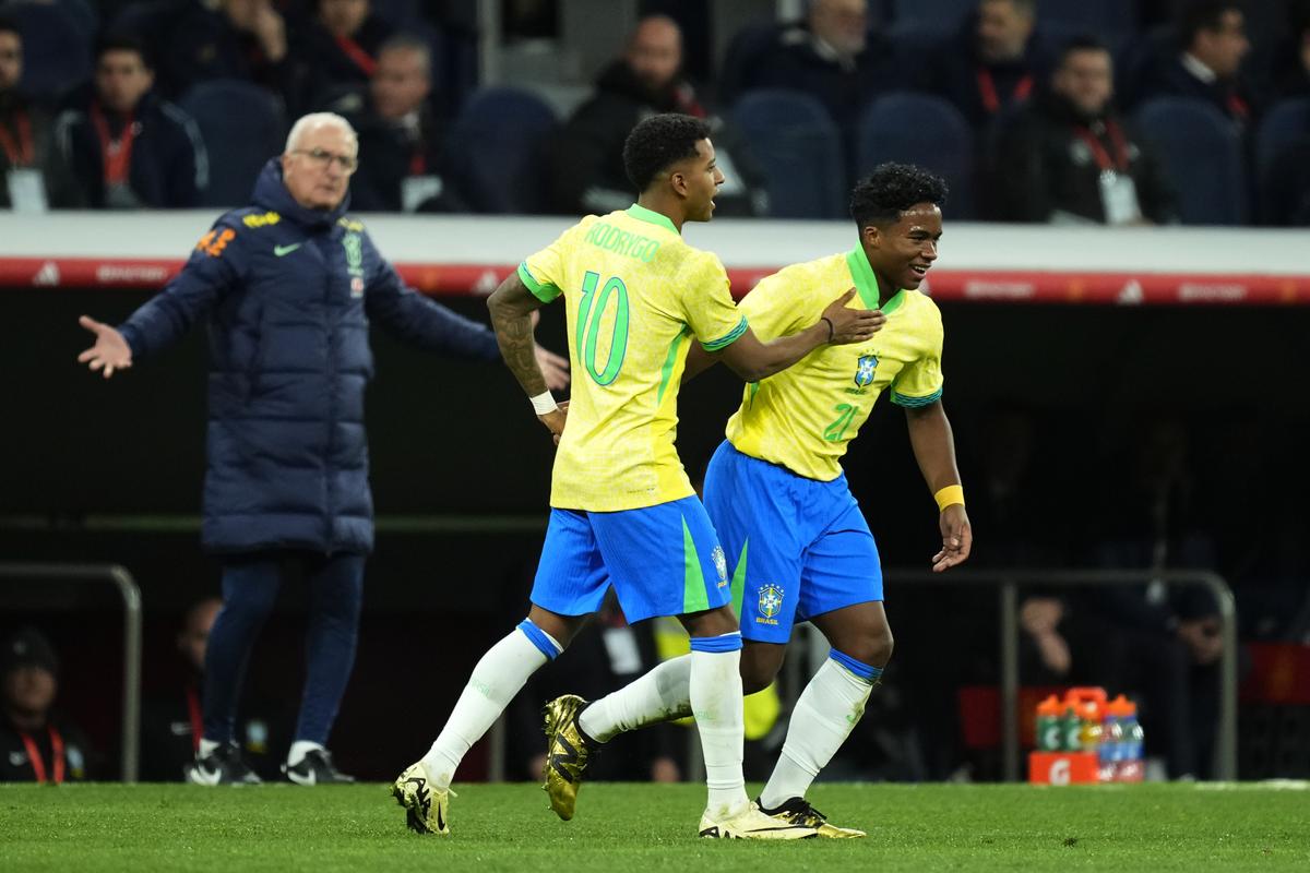 FILE -  Brazil’s Endrick, right, celebrates with Rodrygo after scoring his side’s second goal during a friendly match between Spain and Brazil. 