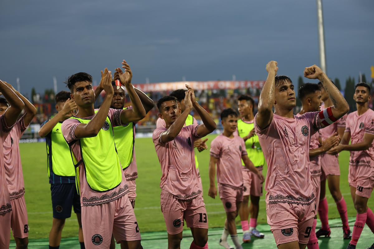 Rajasthan United FC players celebrates after winning their opening game against Bodoland FC in the Durand Cup 2023.