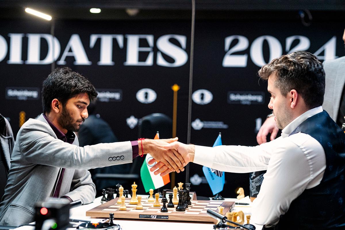 D. Gukesh and Ian Nepomniachtchi after their drawn match.