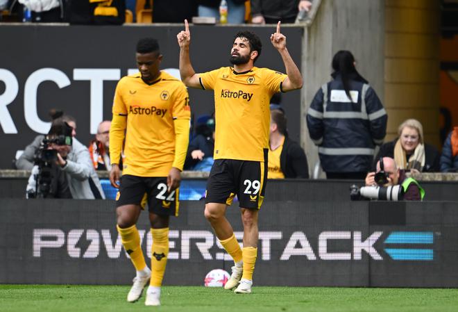 Diego Costa of Wolverhampton Wanderers celebrates after scoring. 