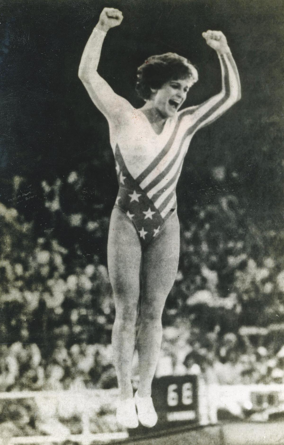 Mary Lou Retton leaps in the air after scoring a perfect 10 on the vault in her final routine to win the women’s all-around gymnastics gold medal at the Olympics in Los Angeles on August 04, 1984. 